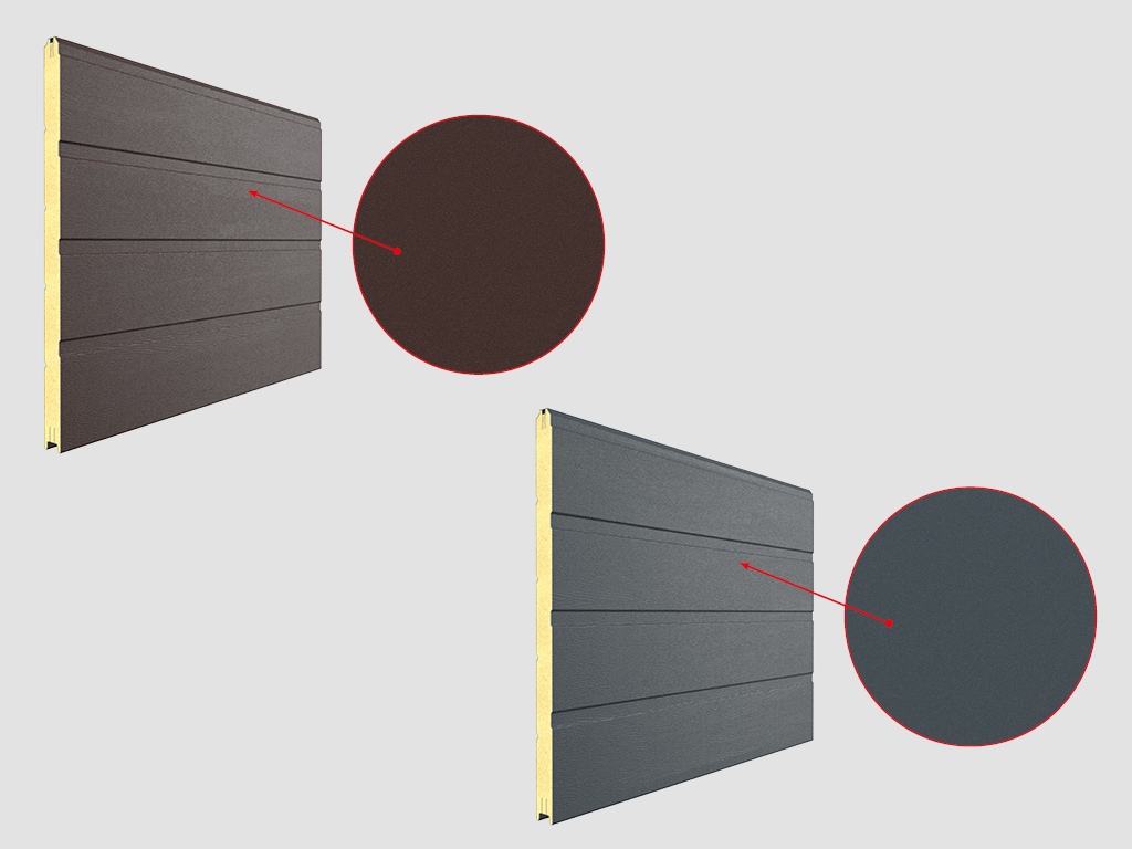 Yangi sandoch-panellarning ranglari – RAL 8017 va RAL 7016, muzli effektga ega mat yuzaga ega.